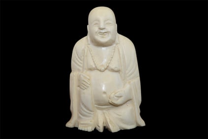 An Antique Carved Seated Buddha Figure w/ Peach