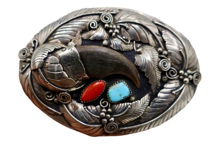 Vintage Navajo Turquoise Coral & Resin Claw Buckle