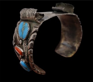 Vintage Navajo Turquoise & Coral Watch Cuff