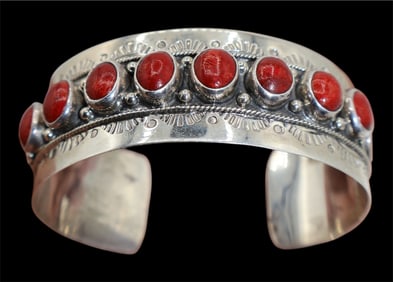 A Navajo Sterling & Red Coral Cabochon Cuff