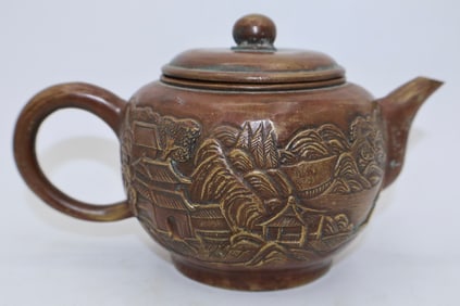 A Bronze Cast Chinese Landscape Teapot