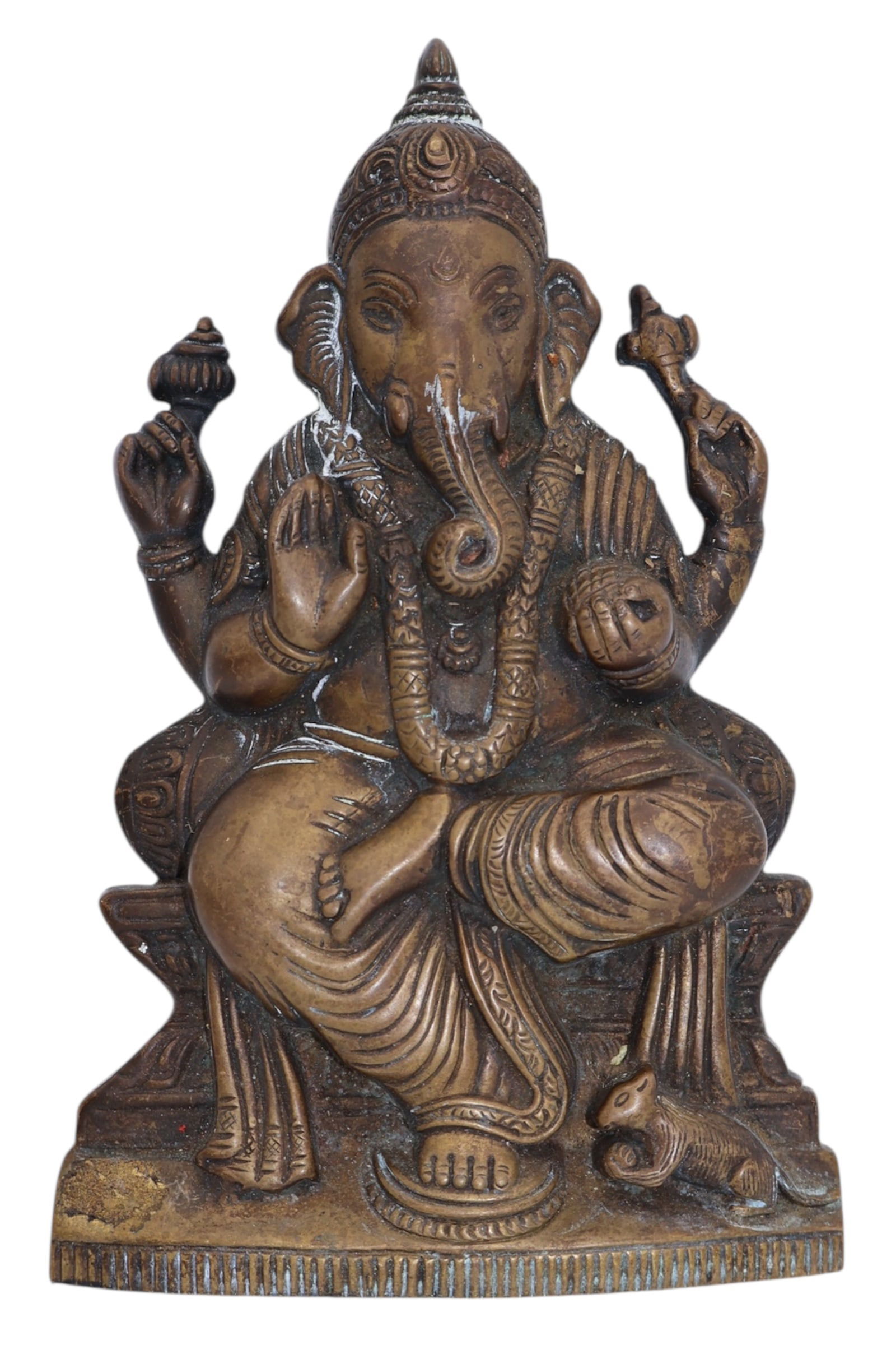 A Bronze Seated Ganesh Wall Plaque: India. Mid 20th Century. Heavily and deeply cast with fine details. Ganesh is depicted holding ritual objects in a meditative pose.