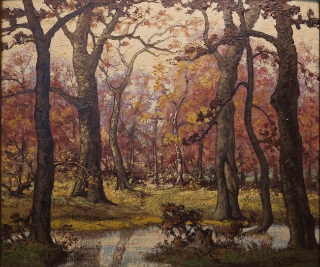 A.G. STUPE ( b. 1878) “Autumn in the Woods” Landscape Painting: ALVIN STUPE. American School. First quarter 20th Century. A fresh to the market painting by the aforementioned. A wonderful and inviting composition that is very well balanced. It has feels of both li
