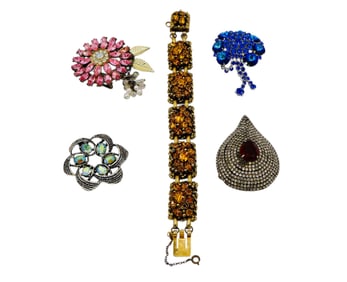A Vintage 5 Piece Assortment of Rhinestone Costume Jewelry