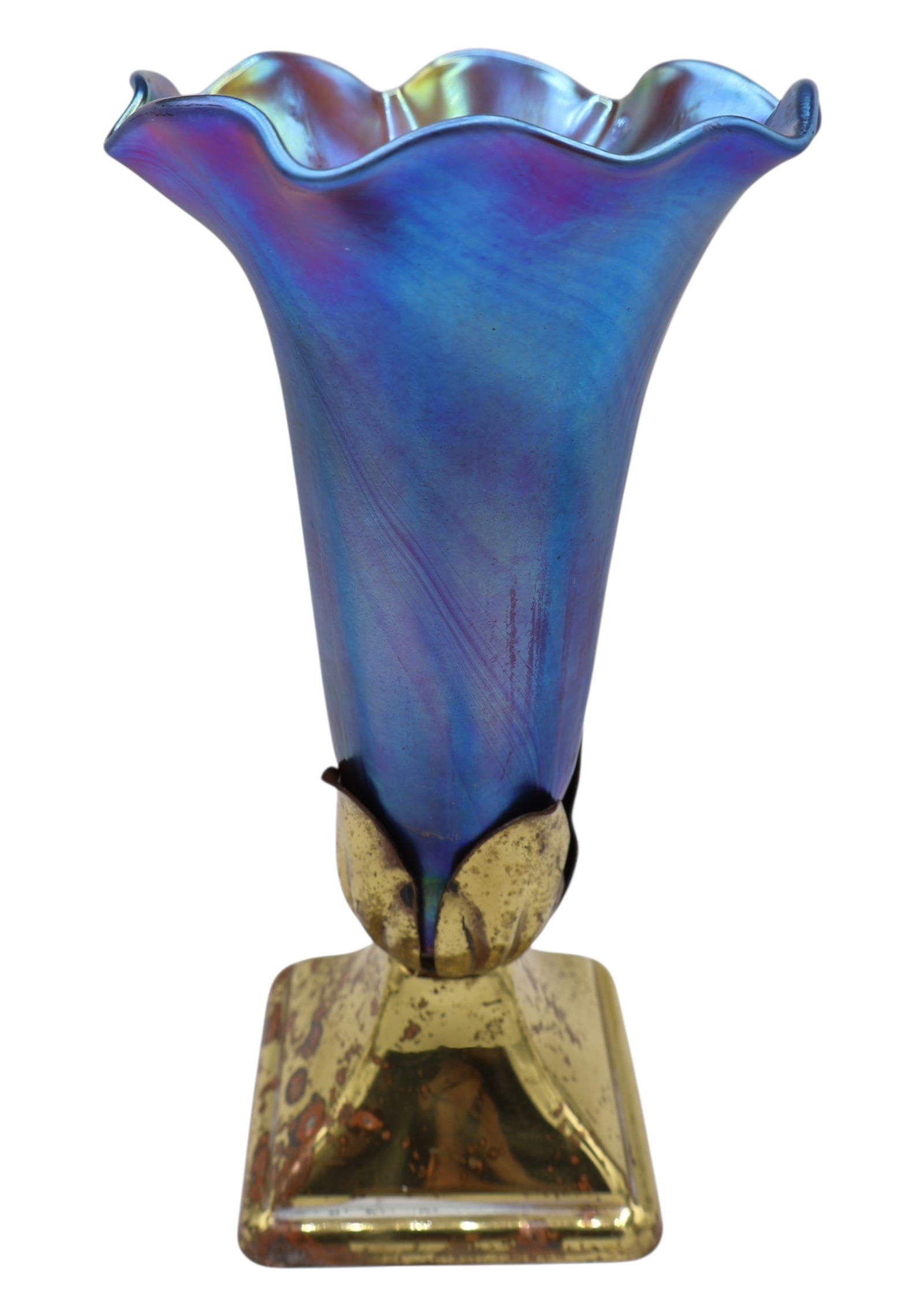 A Blue Iridescent Hand Blown Glass Mounted Vase (1 of 11)