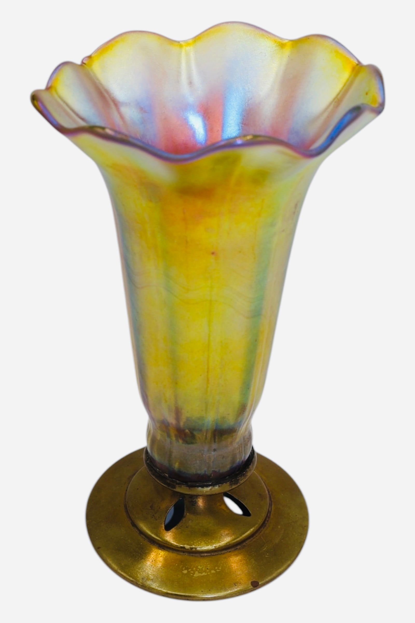 A Yellow Gold Iridescent Hand Blown Glass Mounted Vase (1 of 9)