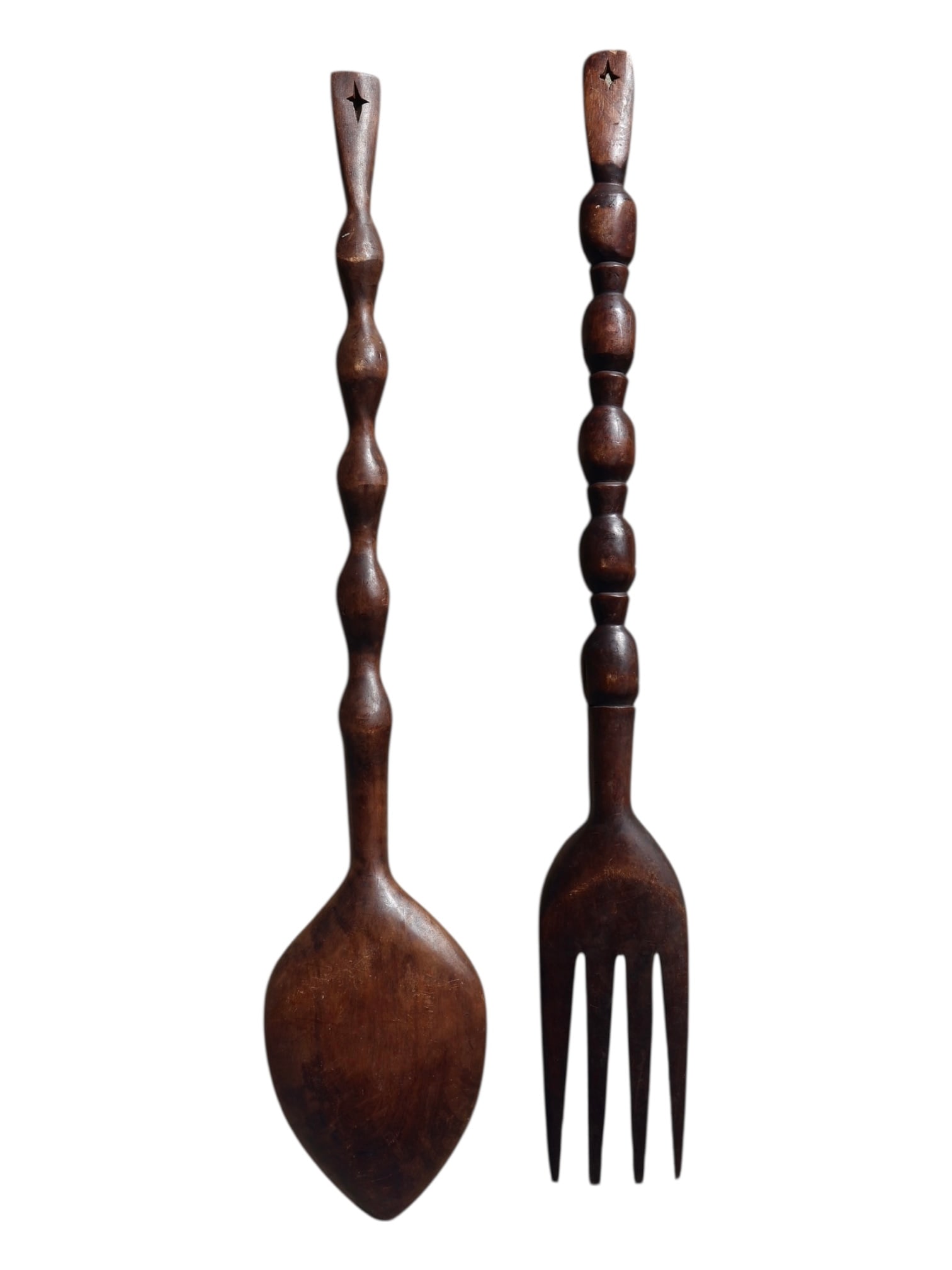 An Oversized Vintage Fork & Spoon TIKI Wall Art: Mid Century Modern. Giant Sized. Fork and spoon combo wall art with had carved totemic tiki handles.
