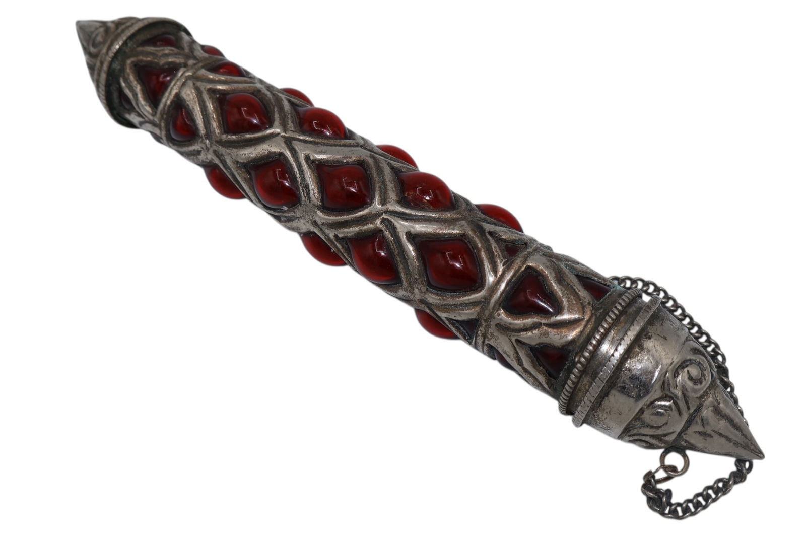 A Middle Eastern Red Glass and Silvered Metal Scroll Case (1 of 5)