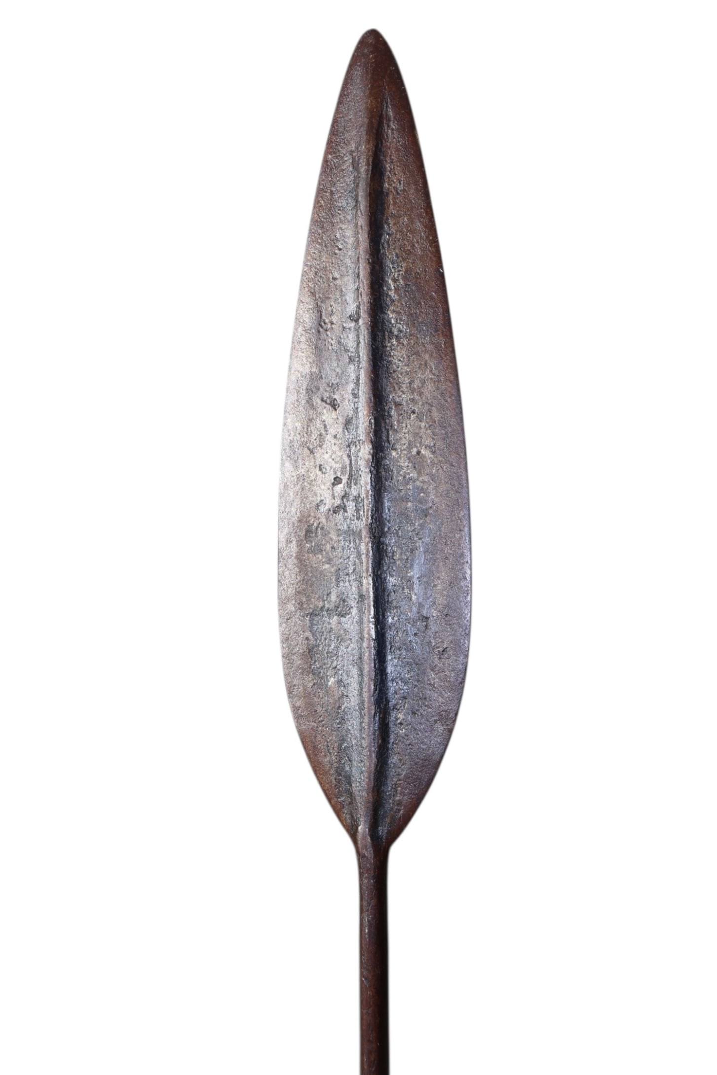An Antique Hand Forged African Spear: Late 19th to Early 20th Century. Hand forged and hammered spear with a long shaft and socket. Most likely Masaai.