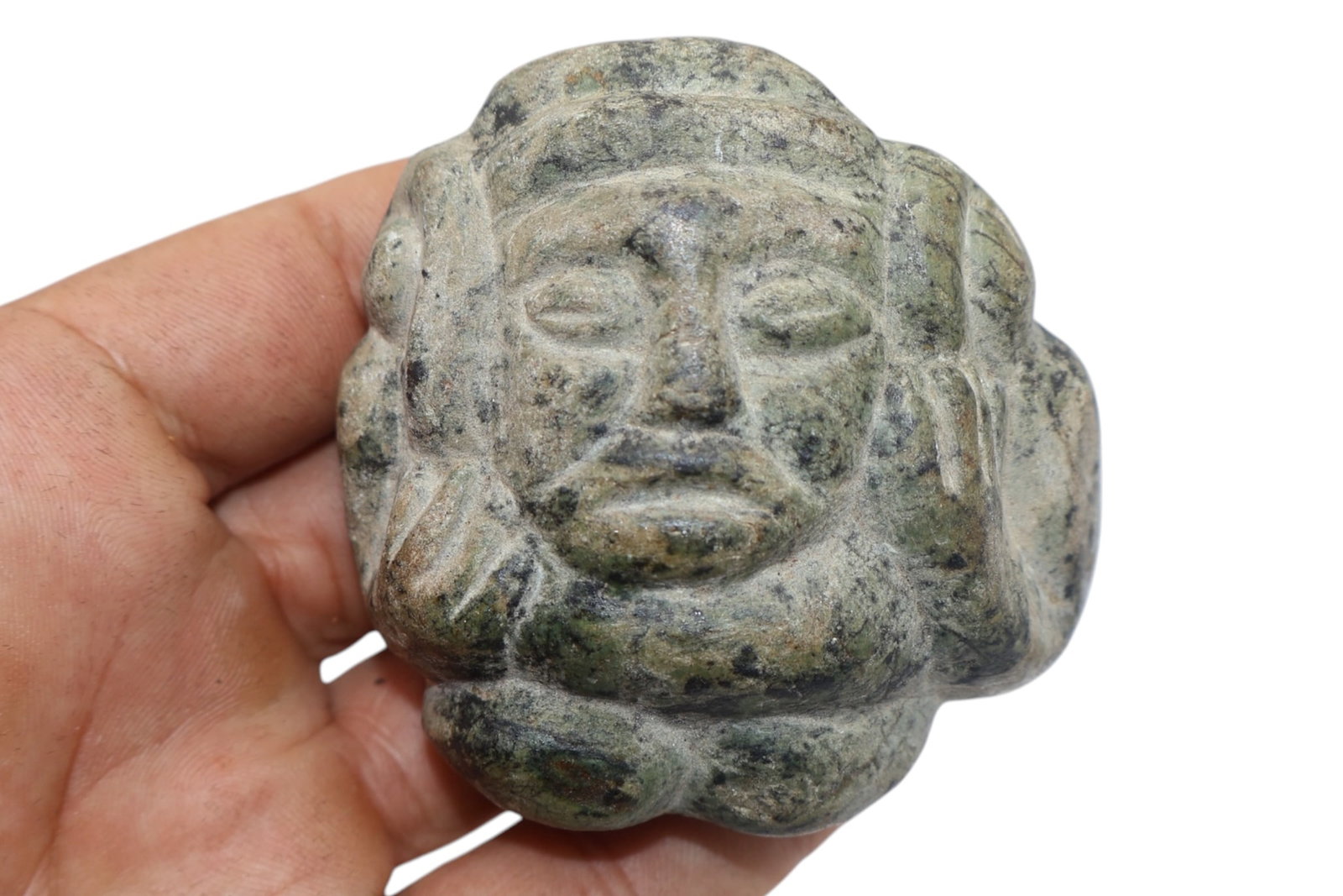 Early Pre Columbian MAYAN Carved Serpentine Face Head: Description