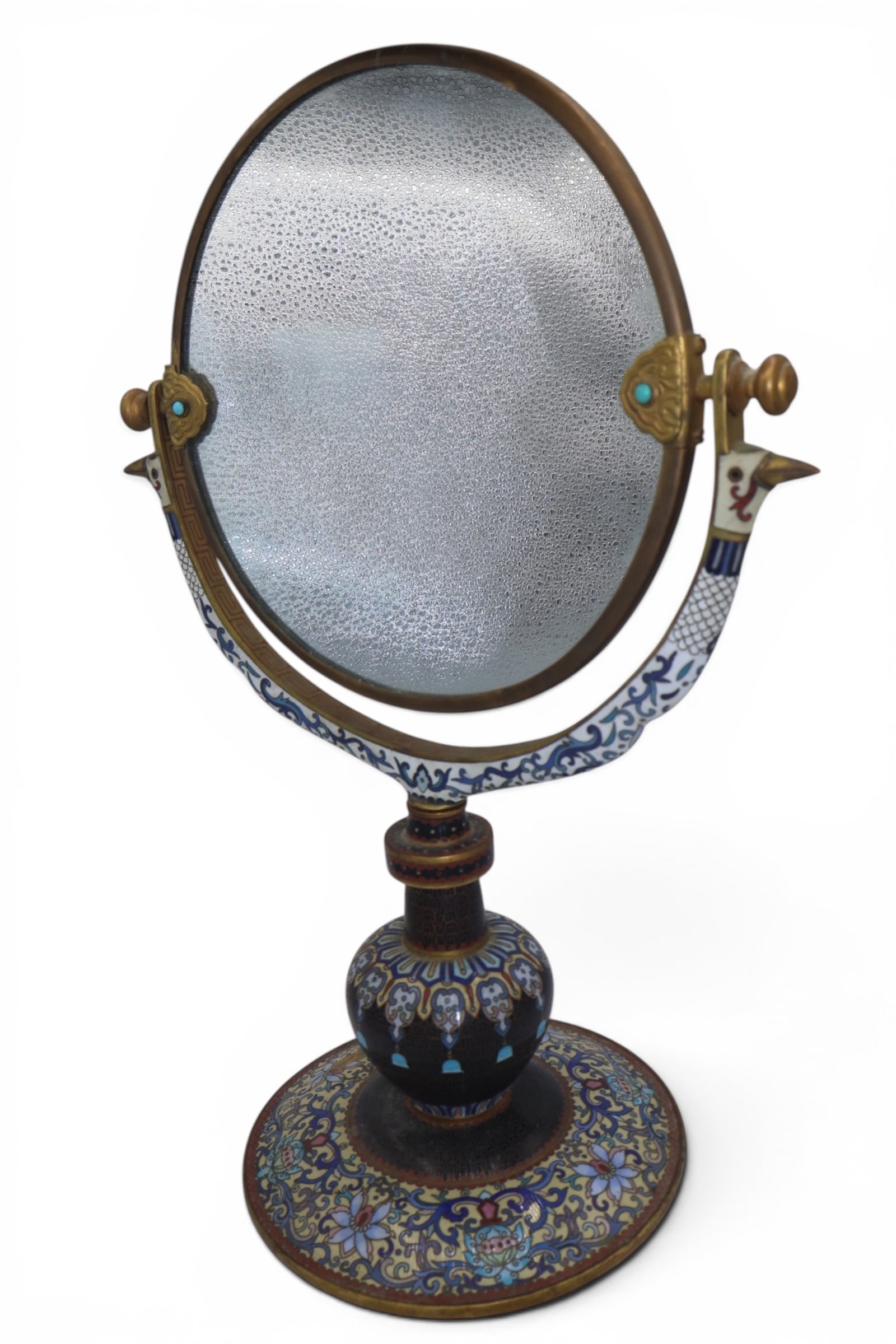 Large Antique Chinese Cloisonné Enamel Round Mirror: A circular table mirror with inlaid enamel decoration. Bird handles. Blue enamel base underneath.