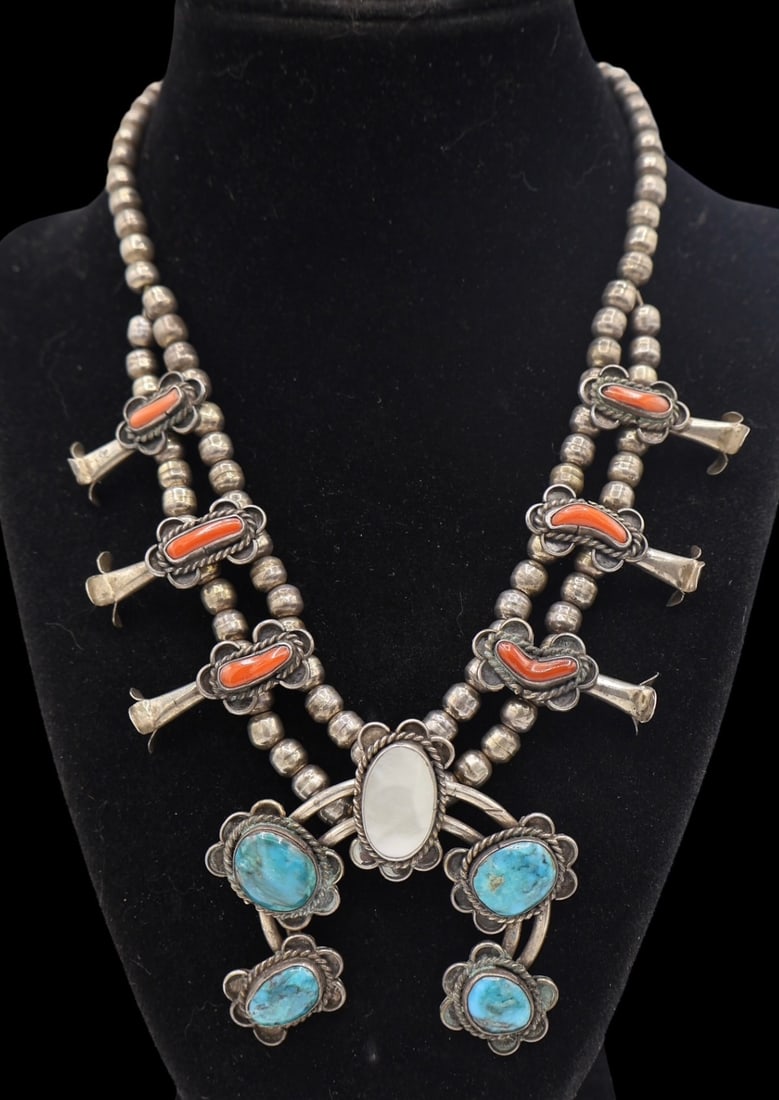 A Unique Coral & Turquoise Squash Blossom Necklace