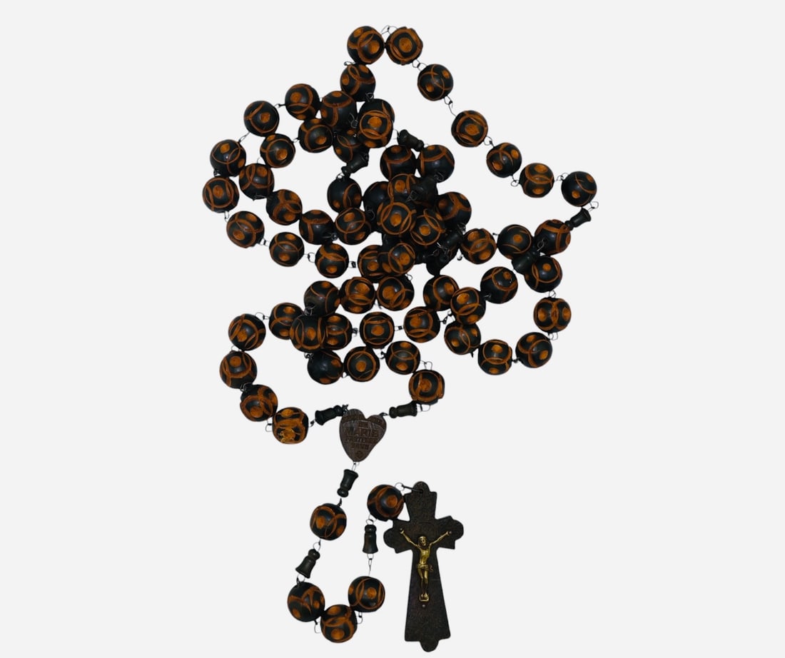 Giant Antique Hand Carved Wood Wall Catholic Rosary: Victorian Era. Heart shaped central pendant. 56” Long.