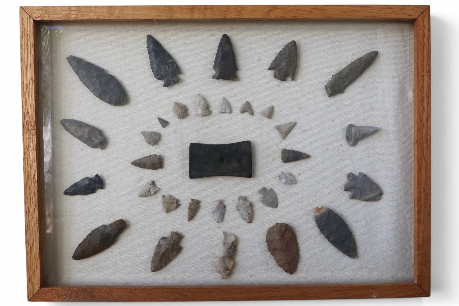 A Very Large Framed Collection of Ohio Native American Artifacts #3: A large framed lifetime arrowhead collection of artifacts recovered from Ohio. A very nice bi concave gorget is a standout here followed by a very nice assortment of high level artifacts. The largest