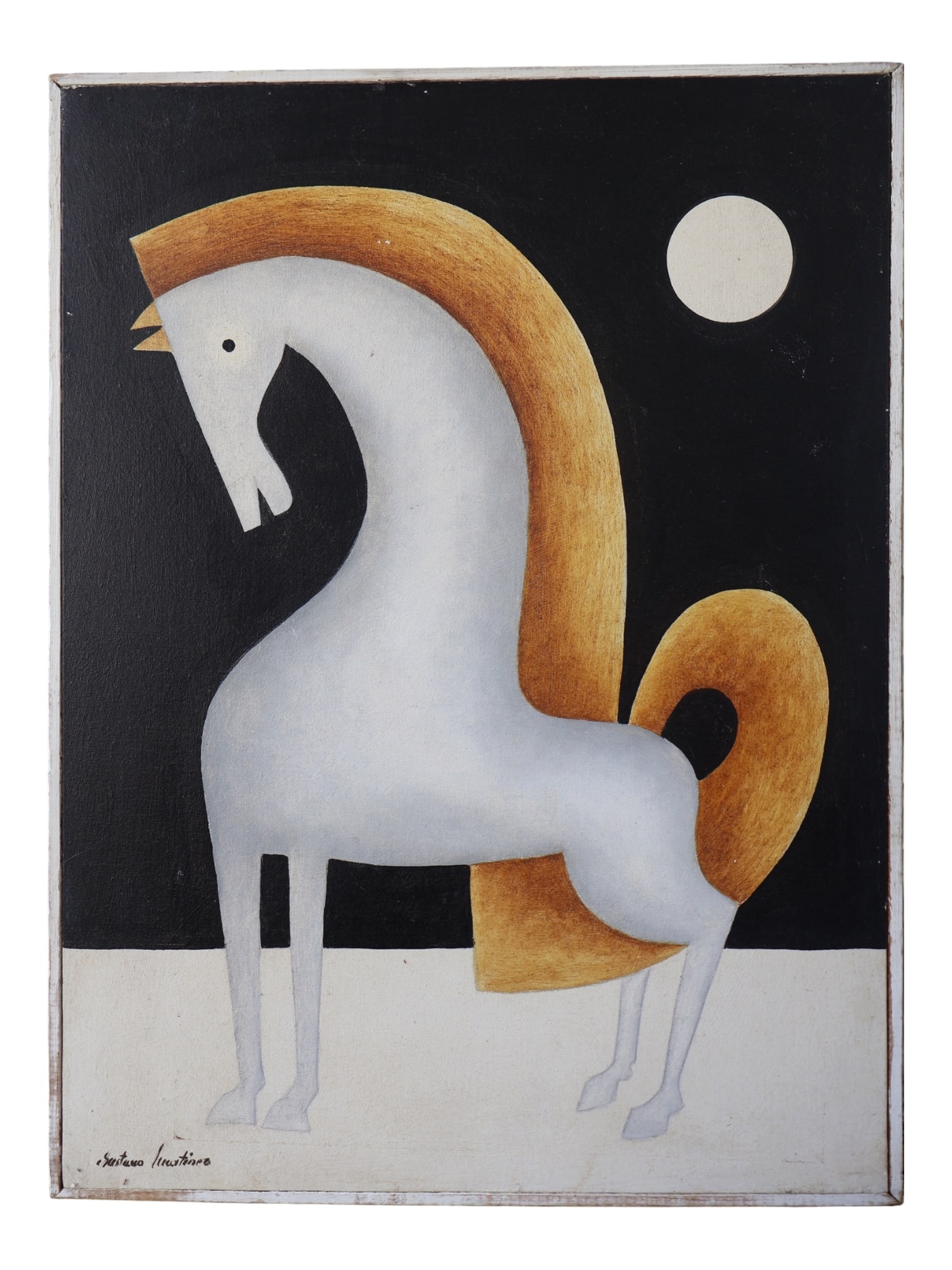 Gustavo Martinez Cubist (20TH Century) Mexican/ American: Oil on canvas. Featuring a cubist horse. Signed lower left. White painted wood frame. Provenance: From a Florida Collection. 24” x 18” x 1”.
