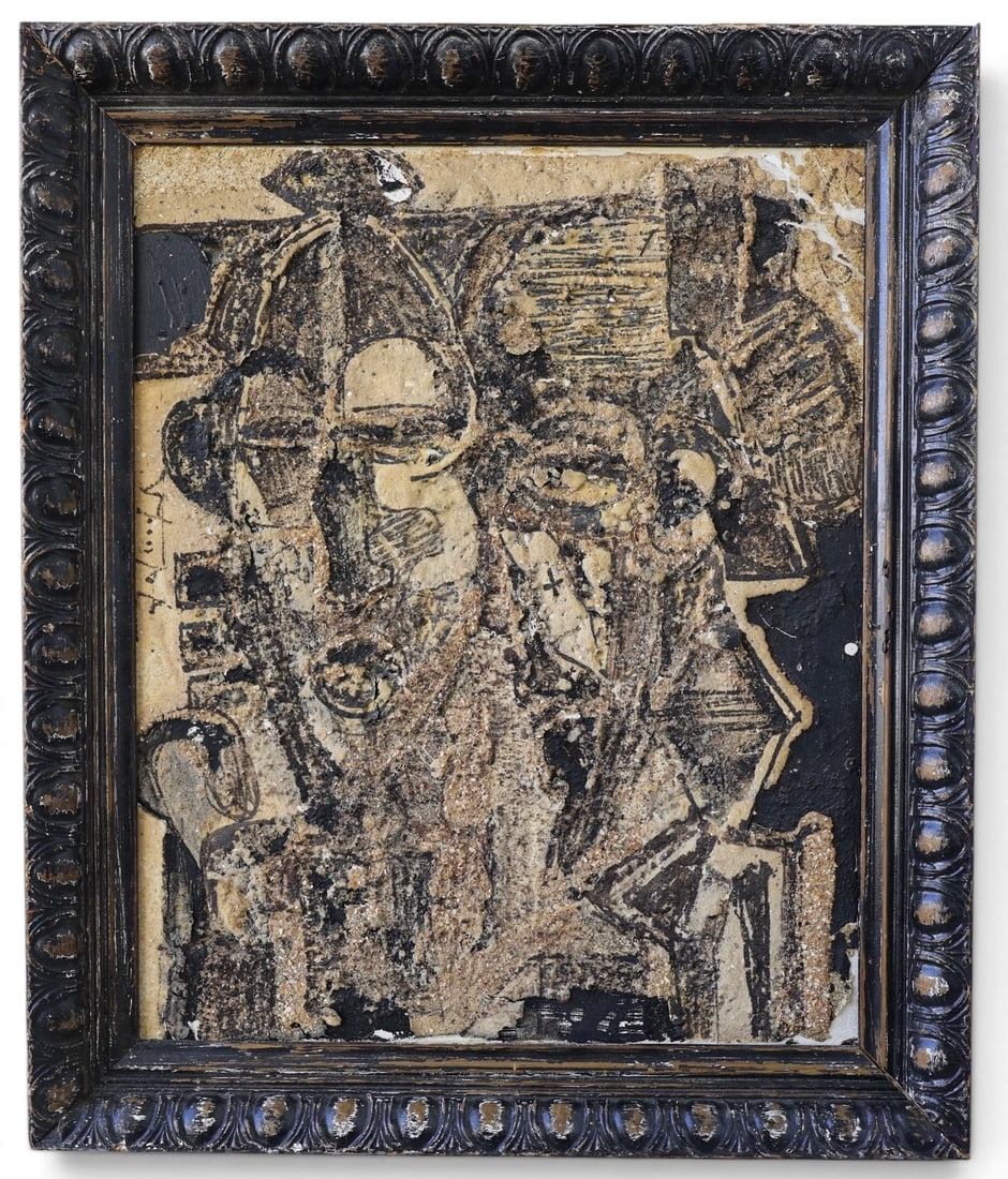 EARLY GEORGES EBRIN ADRINGA, WEST AFRICAN (1933-2005): Mixed media on canvas. Featuring a tribal painting of a masked man. Signed left middle. Exhibition tags to back. 1955. Provenance: From a Florida Collection. Framed 19” x 22” x 3”. S
