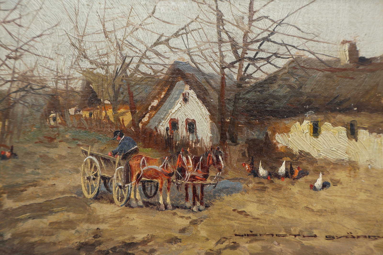 Nemeth Gyorgy (Hungarian School, 1890-1962) Oil Painting: Featuring a rural scene with horse drawn wagon and chickens. Oil on board. 9” x 7” framed. Sight measures 6.5” x 4.5”.