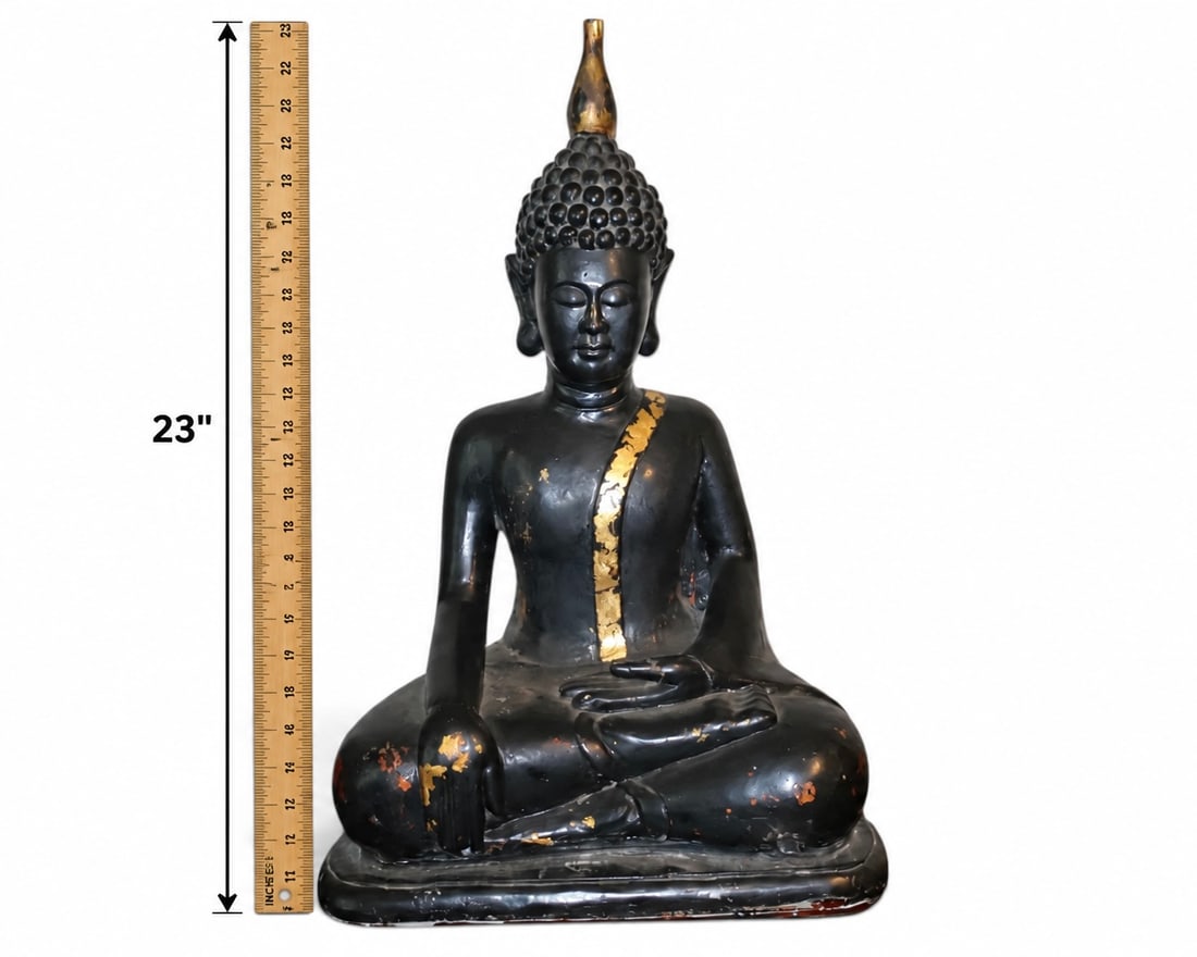 A Fine Large Southeast Asian Lacquered Wooden Buddha: A fabulous old wooden Buddha. Burma (Myanmar) 18th/19th century. Carved from a heavy wood and covered in a layers of thick black lacquer with remnants of old red lacquer underneath. The Buddha is seat
