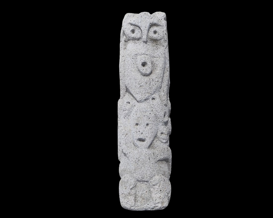 A Large Pre Columbian Carved Stone Owl Totem: Maya Mezcala. Carved from volcanic rock, Pumice. Featuring a human like owl effigy on the front of the carving. Most likely used as an ancient marker for ceremonial use areas.