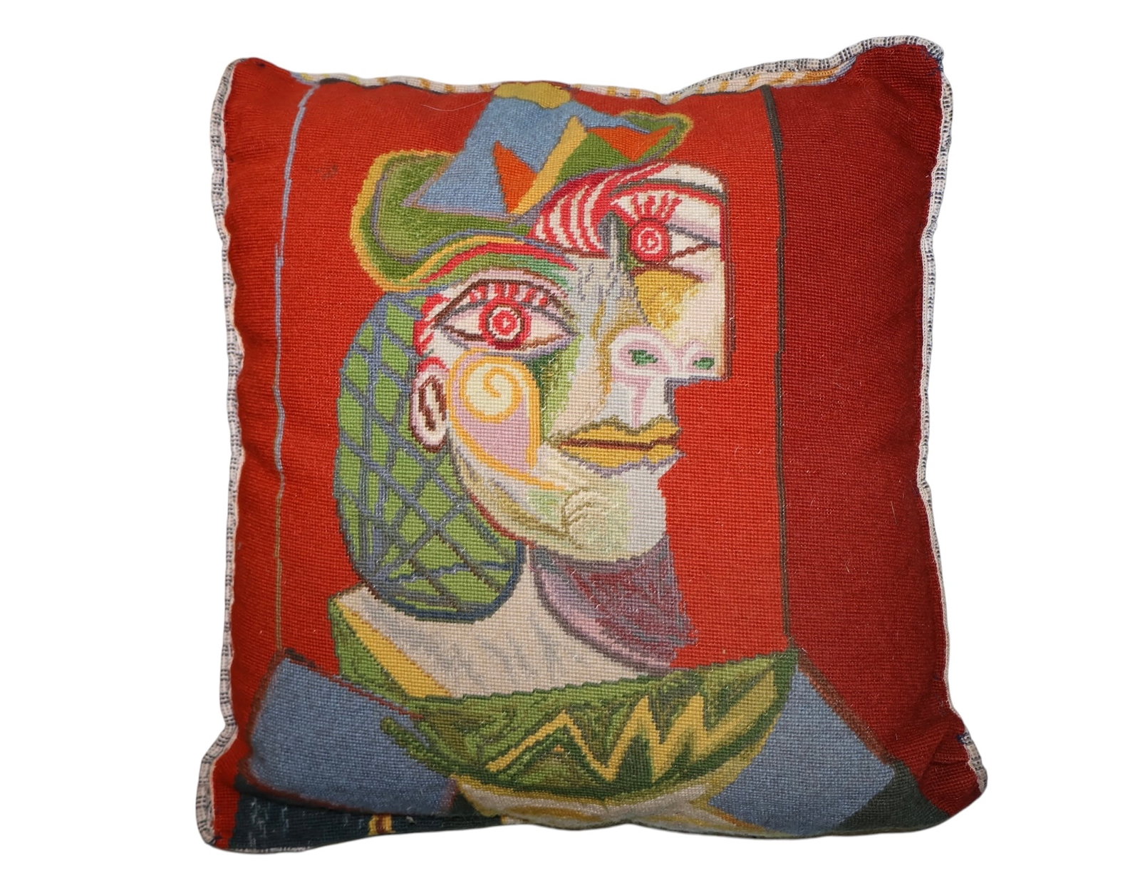 Vintage Needlepoint Pablo Picasso Cubist Art Decorative Pillow: A very nicely done, needlepoint of a Pablo Picasso painting. Featuring Bright colors and abstract design.
