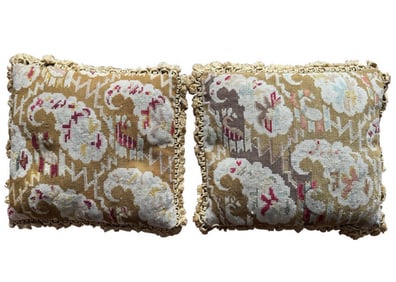 Pair of Vintage French Needlepoint Cushions with Petite Tassels