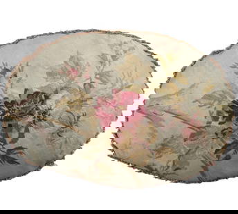Antique Late 18th Century French Aubusson Oval Tapestry Fragment Pillow: Antique Late 18th Century French Aubusson Oval Tapestry Cushion 10 x 14 ft c. 1775-1799
