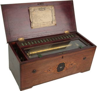 Etouffoirs en Acier Music Box: Wood casing colour illustrated with tune sheet and glass inner cover. Made in Geneva. Weight 14.3kg. No Visible Damage