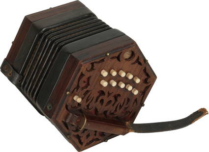 C. Jones Concertina: 20 buttons. Wood finish, black leather handles, white buttons. Weight 0.9kg. One broken handle.