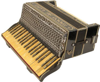 Ranco Luigi Accordion, Vercelli Italia: 41 treble keys, 120 bass. Keyboard 9". Black finish with mother of pearl treble keys and decorative metal work on grille. Made in Italy. Weight 9.9kg. Minor damage to grille and rubbing to bellow edge