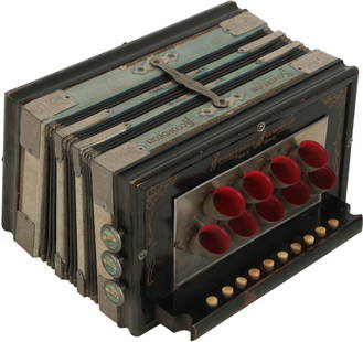 Sovereign, Trombone Accordion: 10 treble buttons, 2 bass. 9 red funnels. Black finish with black and blue bellows, metal corner caps. Made in Germany. Weight 2.1kg. No Visible Damage