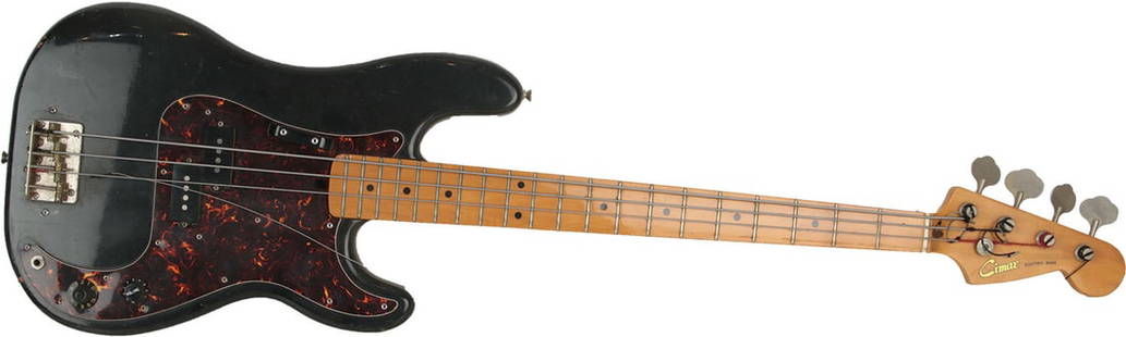 Electric Bass: Cimar: Black body with tan wood fingerboard and two dials. Made in Japan. Length 45". Weight 4.3kg. One broken string.