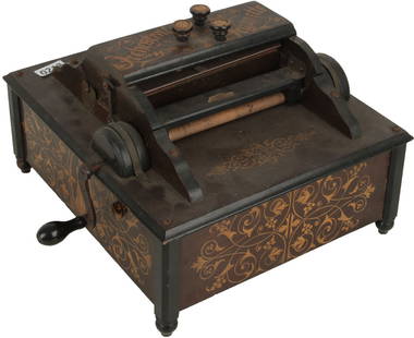 Orchestral Organette: Wood casing with gilt-stencilling. 3 switches and handle. Hand-cranked mechanism. J. M. Draper English Organette, Blackburn. Original instructions printed to base. Small sticker. Made in England. Weig