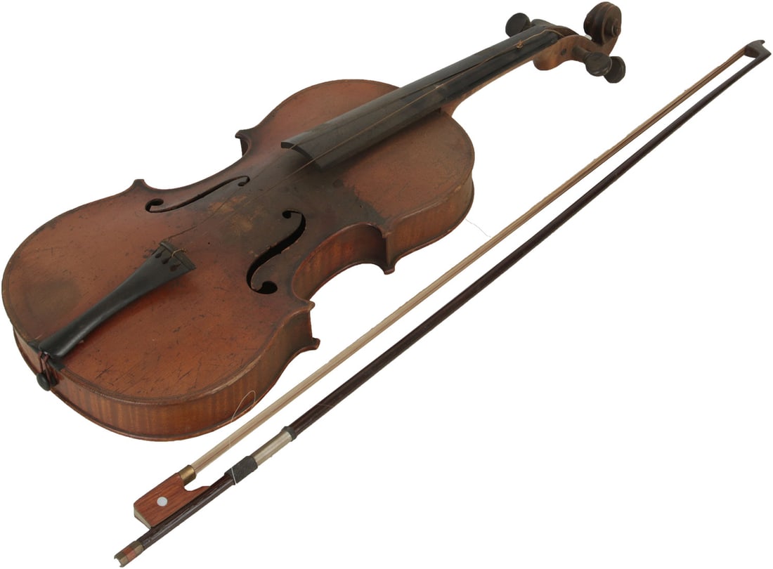 Violin: Solid wood body, ebonised fingerboard, tuning pegs and chinrest. Comes with round wood bow. Length 23.5". Weight 0.4kg. Poor with missing strings, marks and wear to finish, broken bow hair.