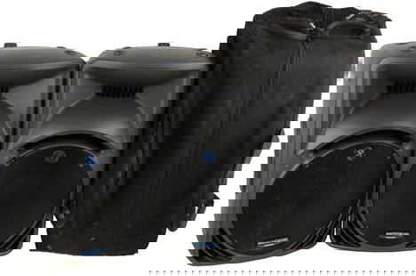 Three Mackie SRM450 with Gator Rolling Speaker Transporter Rolling Bags: Three speakers in wheeled softcases. No cables. Made in USA. Comes with another set of cases, Mackie branded. Minor rust to speaker grilles Good cases with marks and dust. One case unable to open - zi