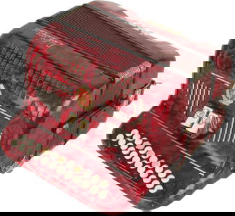 Paolo Soprani Accordion: 23 treble buttons, 8 bass. 2 registers. Red marble finish, colour badge, silver lettering and grille. Made in Italy. Weight 5kg. Tape to three treble buttons, small tears to grille netting and marks t
