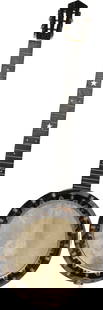 Banjo: Unbranded. Ebony head and fingerboard. Mother of pearl stars to fingerboard. Head 11.5", total length 37.5". Weight 2.9kg. Broken strings.