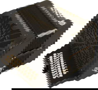 Hohner Compadre Accordion: 31 treble buttons, 12 bass. Black finish. With original tag and plastic to leather handle still attached. Weight 4.2kg. Like new.