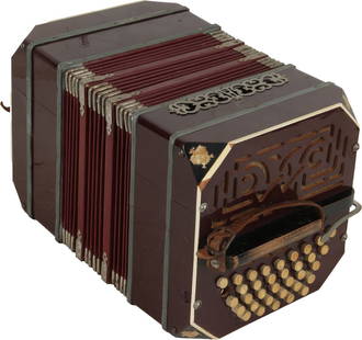 Alfred Arnold Concertina: 64 buttons. Burgundy finish with illustrated metal decoration and mother of pearl button heads. With leather straps. Made in Germany. Weight 4.5kg. No Visible Damage