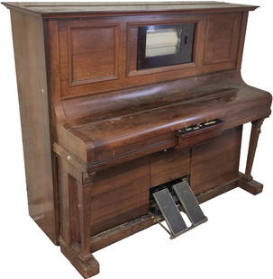 Hupfeld Ronisch Solophonola: 88 keys rosewood case with extra controls flipping up from under the keyboard and flip down pneumatic pedals that cover the piano pedals for playing music rolls, sliding panels allow the music roll to