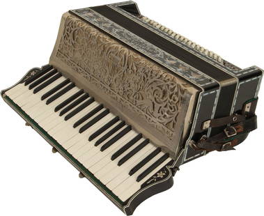 Galanti & Bros New York Accordion: 41 keys, 120 bass. Keyboard 19". Black finish highly decorated with mother of pearl illustrations and lettering, illustrated metal grille. Comes with leather strap and envelope of spare reeds. Made in