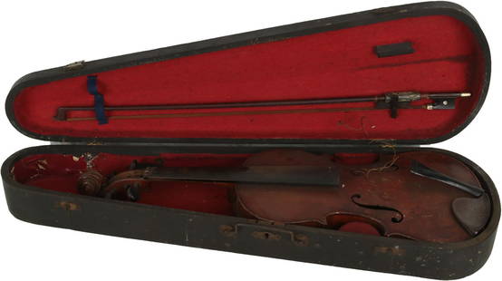 Violin: Solid wood body, ebonised fingerboard, tuning pegs and chinrest. Comes with black hardcase and round wood bow. Made in Germany. Length 23". Weight 2.5kg. Poor with missing strings, damage and marks.