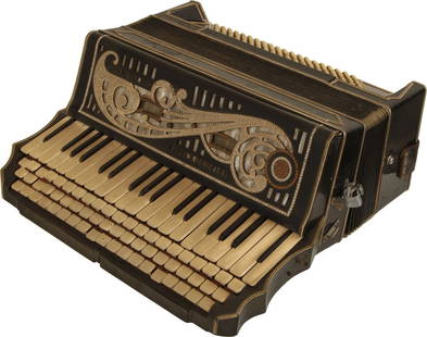 Colombo & Sons Accordion, San Francisco: 37 keys, 61 treble buttons, 160 bass. Black case with gold borders and jewels to grille. Comes with leather strap. Made in San Francisco. Weight 6.5kg. Two dials missing at grille, two registers broke