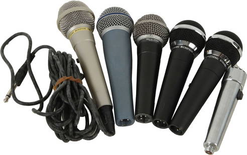 Assortment of microphones: Six microphones in cases: two uni-directional professional dynamic microphones, one with cable; MM 8; Shure model SM58; Evertop dynamic with cable; and Silm crystel microphone with cable. No Visible D