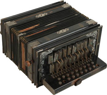 International Accordion: 19 treble buttons, 4 bass. Ebony finish, gold trim and lettering, metal corner caps. Made in Saxony. Weight 2.4kg. Peeling to bellow edges, missing treble button top, wear to finish.