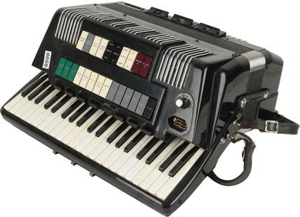 Transivox Farfisa Accordion: 41 keys, 120 bass. 8 treble registers, 9 bass. 24 colour buttons, 1 dial. Black finish, silver grille and netting. Comes with leather strap and Farfisa ATX power supply. Made in Italy. Weight 15.6kg.