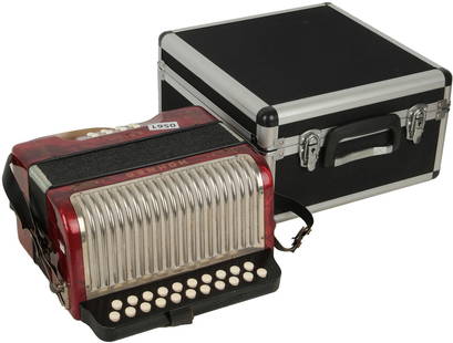 Hohner Erica Accordion with case: 21 treble buttons, 8 bass. Red marble finish with silver grille. Comes with leather strap and silver hard case. Weight 2.7kg. Like new exept one bellow strap not closing securely.