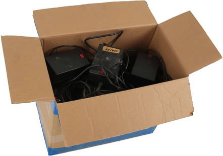 Box of assorted instrument power supplies and cables: Cardboard box, dimensions (in): L 18.5, H 16.5, W 10. Various instrument power supplies and cables. No Visible Damage.
