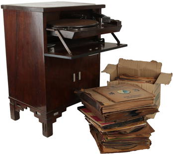 Plus-A-Gram by J&A Margolin and assorted 78 rpm records: Wood cabinet with silver handles and record player inside. Comes with large number of shellec 78 rpm records in original paper covers, some inside leather albums. With envelope of spare needles. Missi