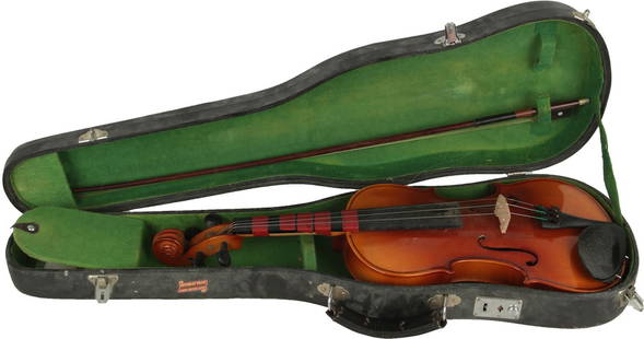 Hsinghai Violin: Solid wood body, high gloss antique brown varnish, ebonised fingerboard, tuning pegs and chinrest. Red tape with notes at fingerboard. Comes with black hardcase with green interior, round wood bow, ro