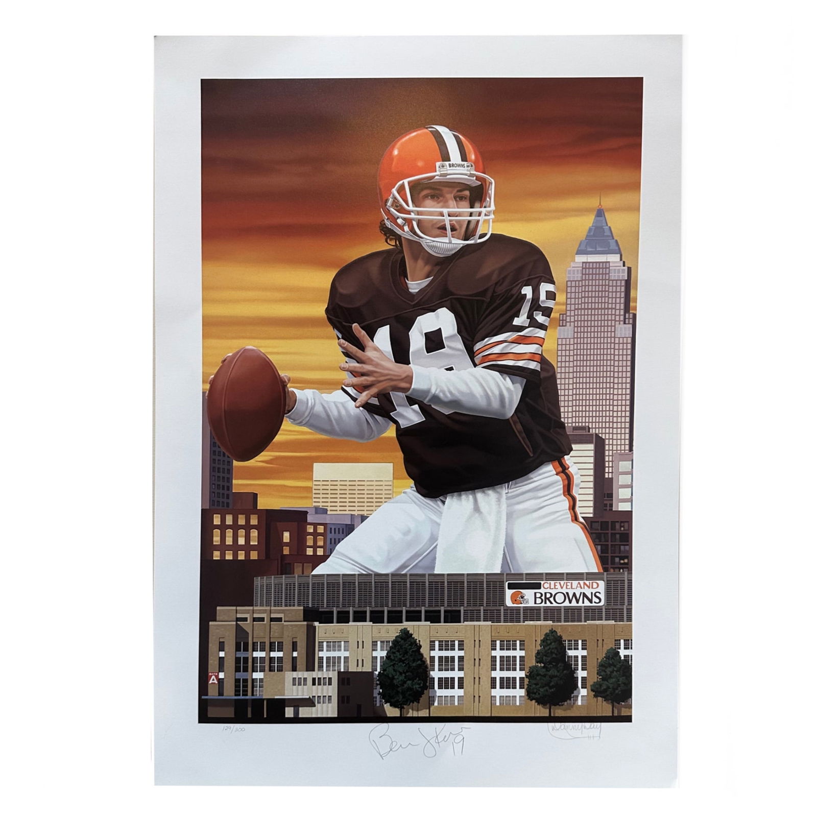 Bernie Kosar by Danny Day: This lot presents a signed limited edition print featuring legendary NFL quarterback Bernie Kosar, executed by artist Danny Day, who is recognized for his collectible sports portraits that blend
